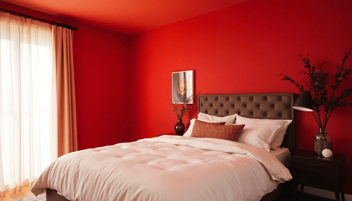 Chambre cosy avec des murs rouges chauds, un éclairage doux, une literie moelleuse et une décoration