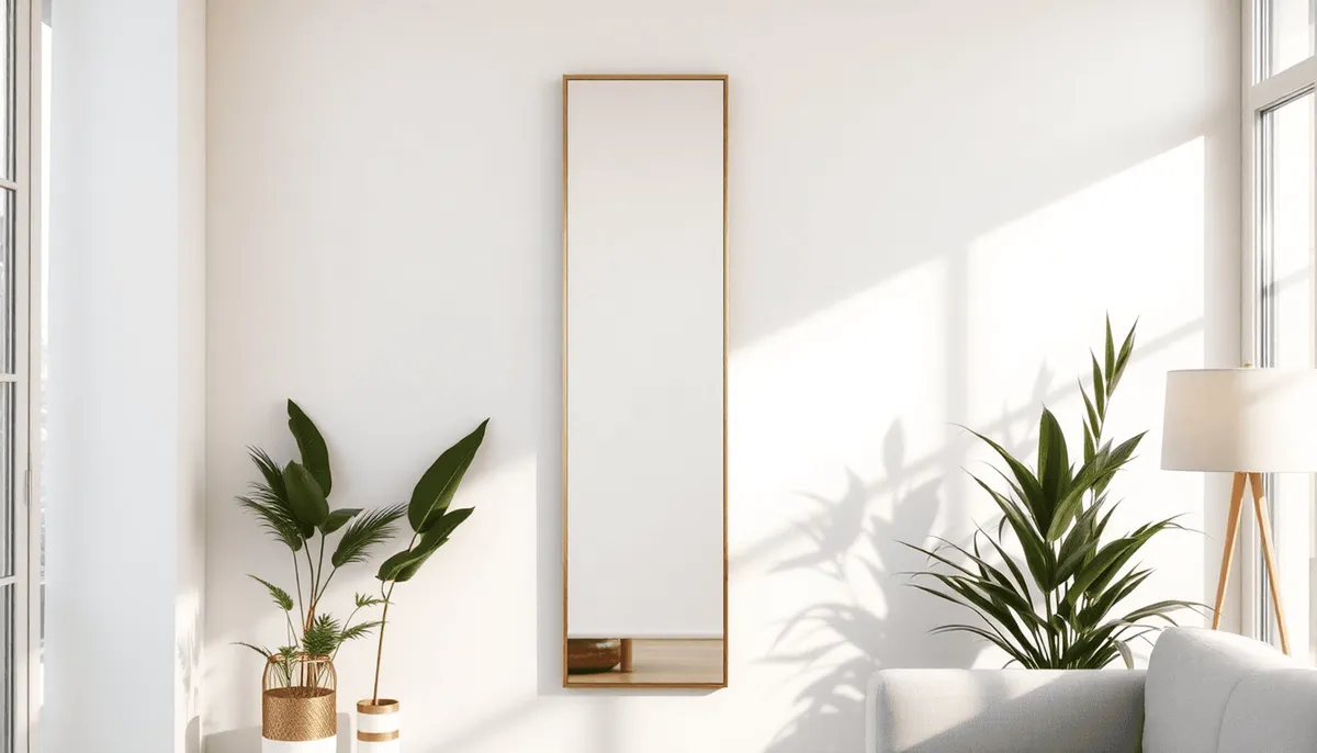 Intérieur moderne avec un grand miroir vertical réfléchissant la lumière naturelle