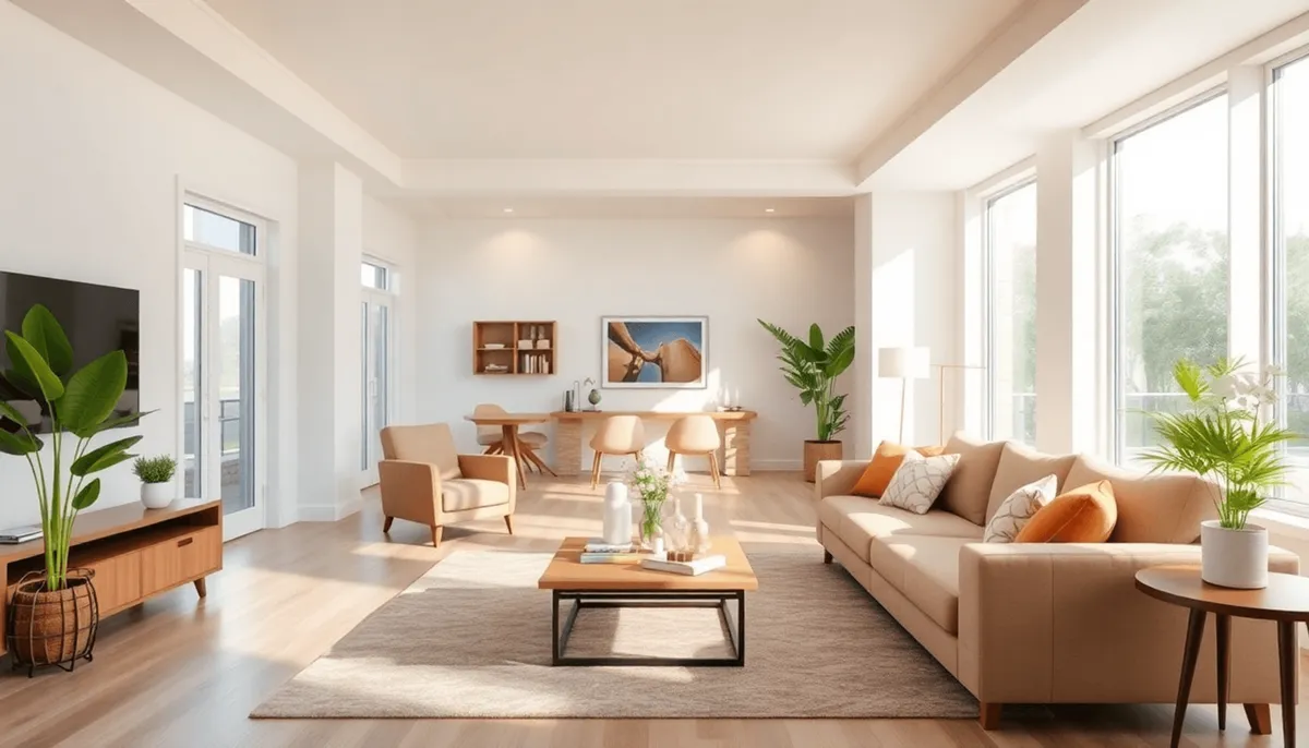 Salon moderne lumineux et confortable avec des sièges confortables, un éclairage chaleureux 