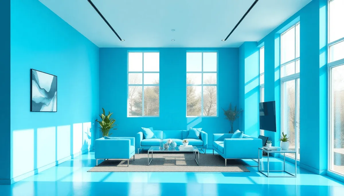 Intérieur moderne avec des murs bleu électrique vif, de grandes fenêtres 