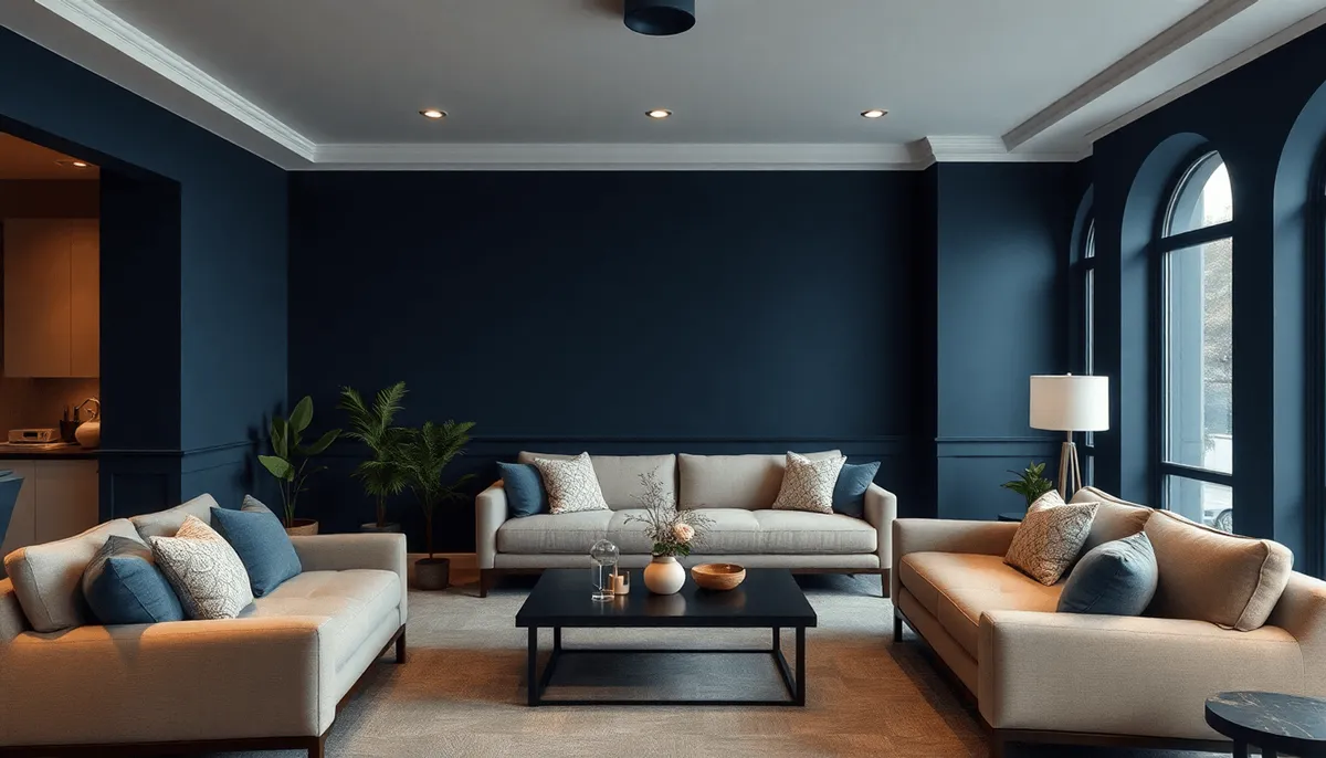 Salon confortable avec des murs bleu marine profond, des meubles modernes et neutres