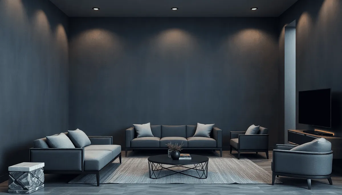 Intérieur moderne avec des murs gris anthracite, des meubles minimalistes, un éclairage doux
