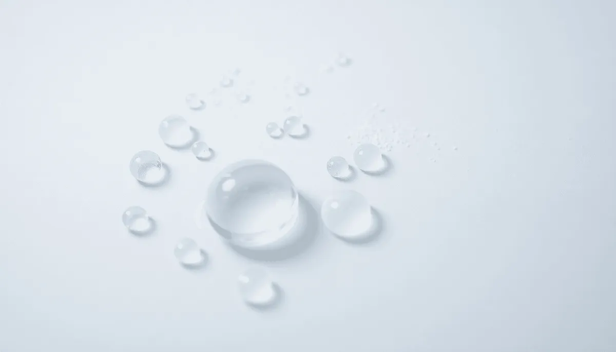 Gros plan sur des gouttes d'eau sur une surface lisse avec de subtils dépôts minéraux