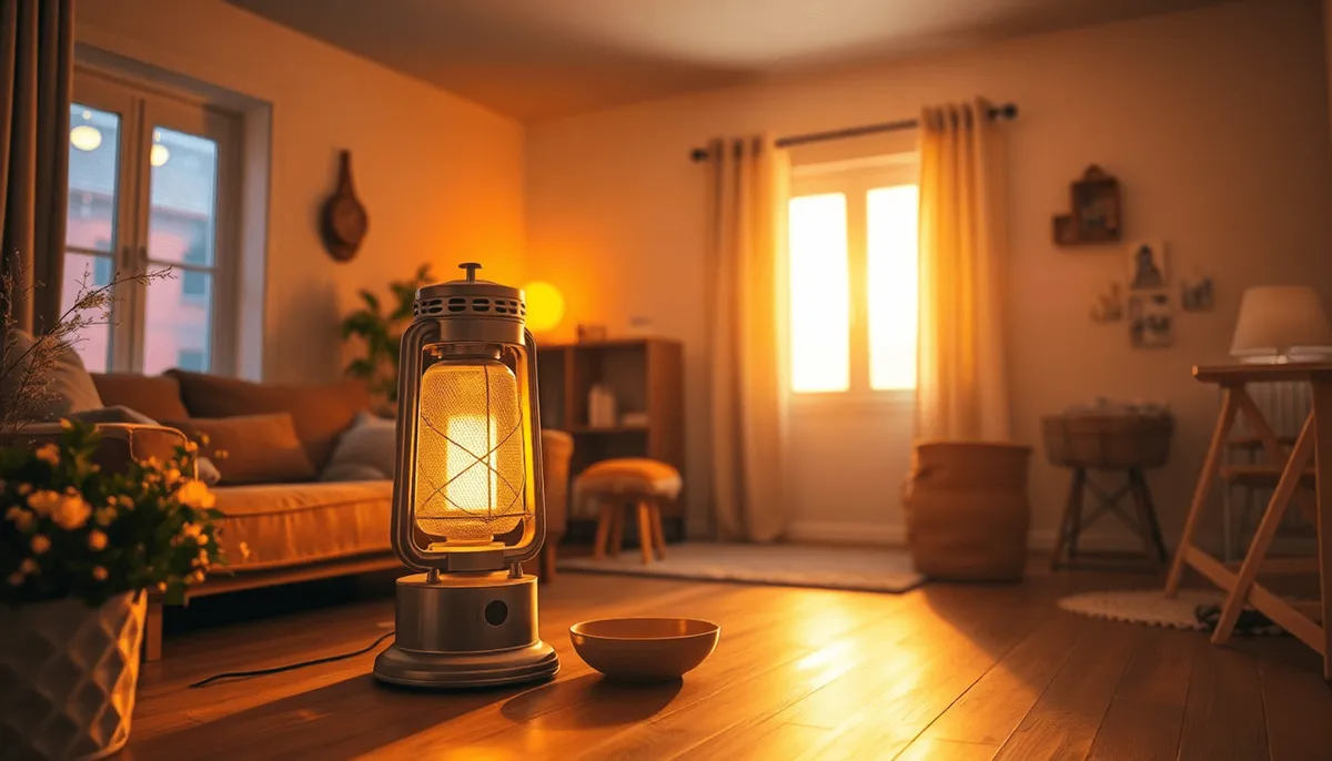 Chauffage au kérosène moderne émettant une chaleur douce dans un salon confortable 