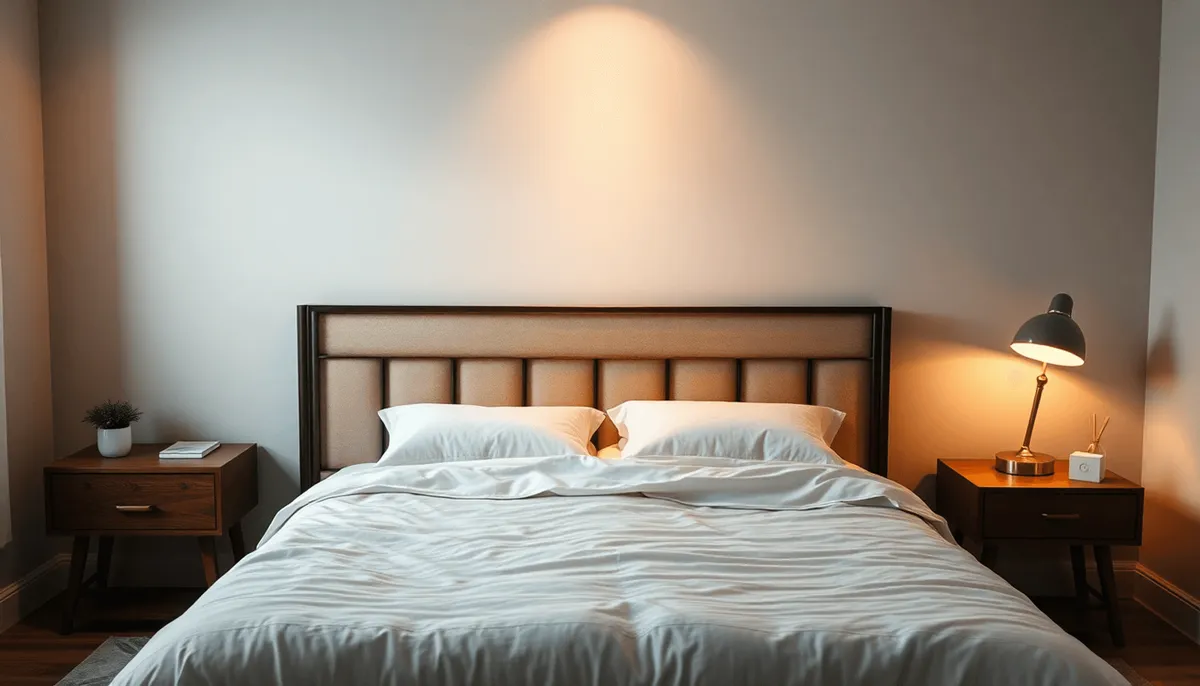 Chambre confortable avec un cadre de lit robuste et une tête de lit fixée de manière sécurisée