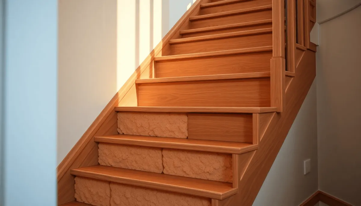 Escalier en bois avec isolation visible en dessous, baigné de lumière naturelle douce