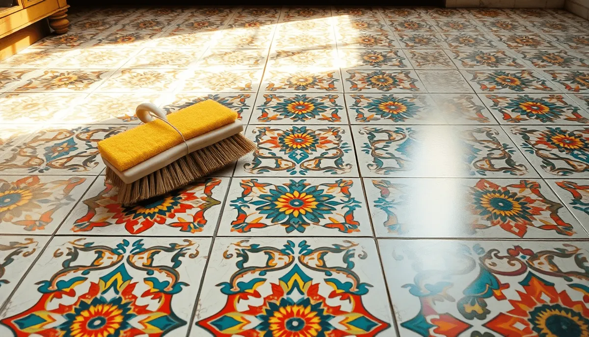 Gros plan de carreaux en ciment floraux colorés avec une brosse douce et une éponge 