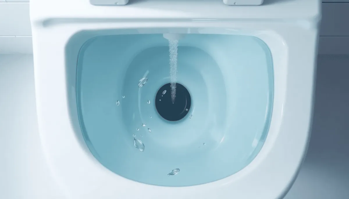 Réservoir de toilettes moderne avec de l'eau claire, mécanisme de chasse d'eau visible