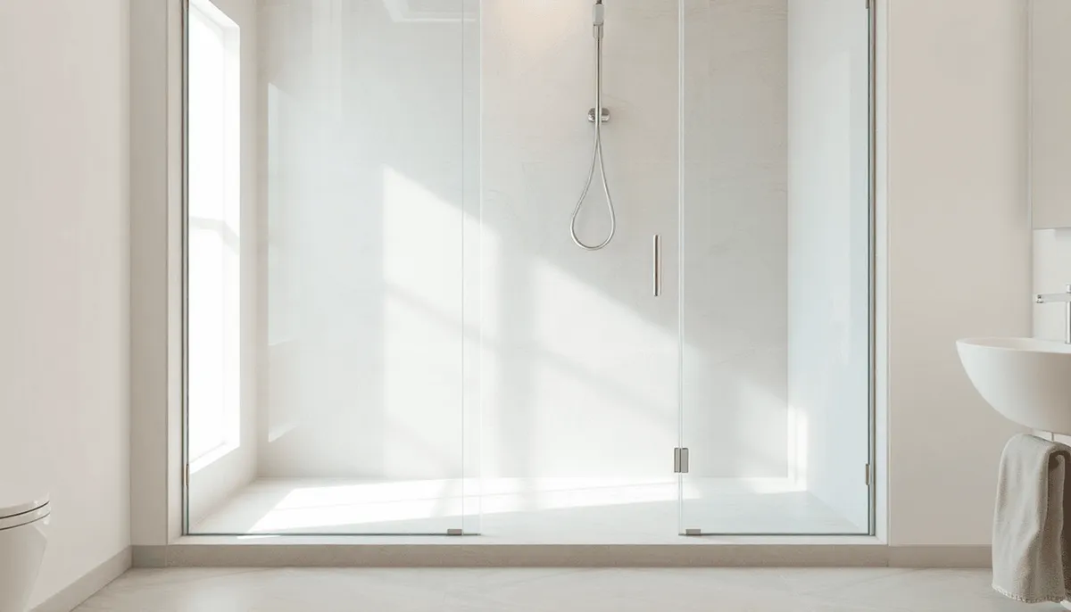 Douche à l'italienne minimaliste avec panneaux en verre transparent, bac de douche en pierre