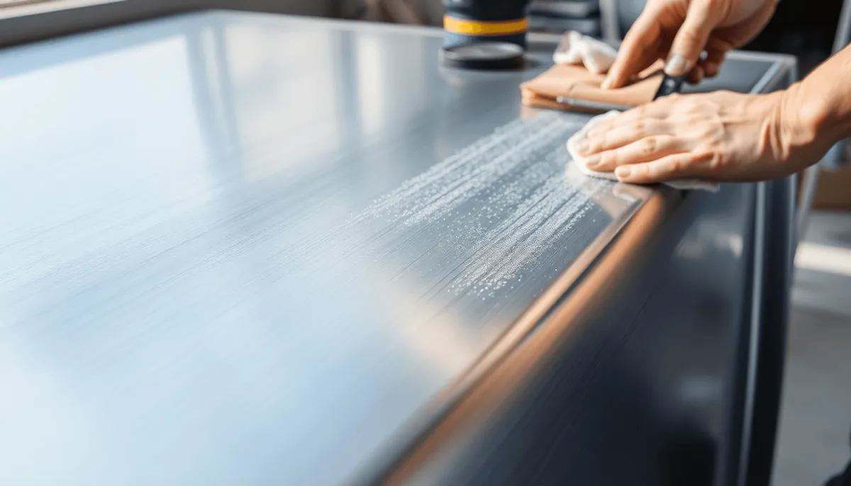 Gros plan d'une surface en aluminium lisse préparée pour la peinture avec du papier de verre 