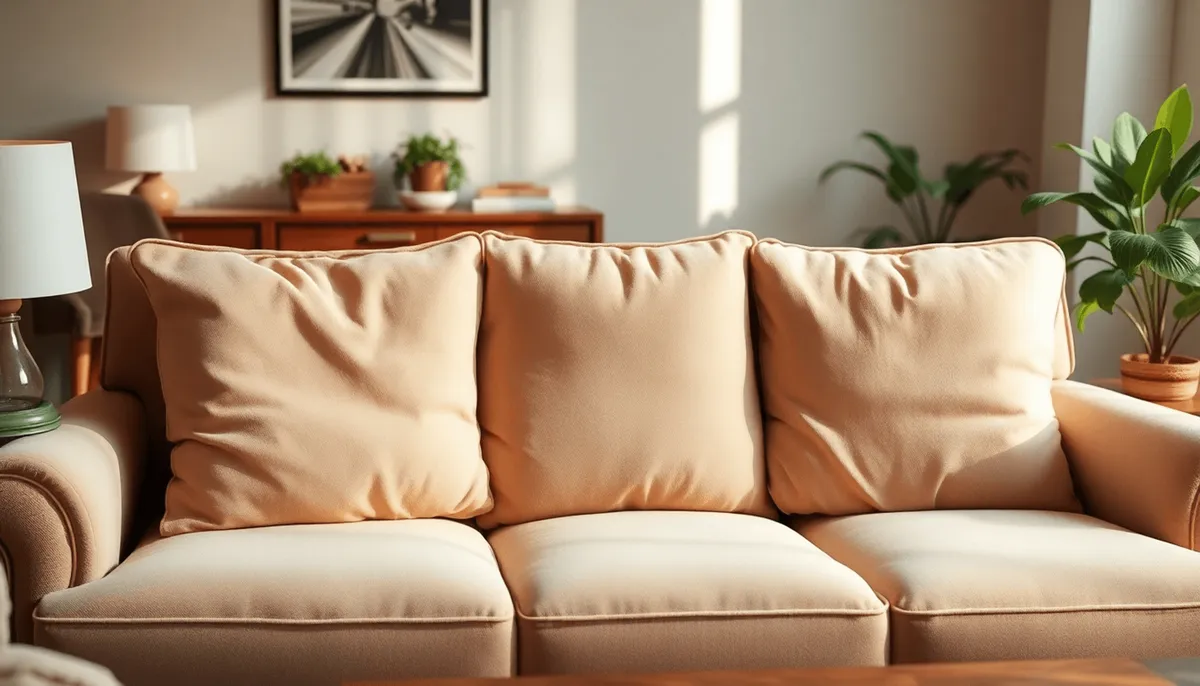 Salon confortable avec un canapé moelleux, des coussins doux, une lumière naturelle chaude 