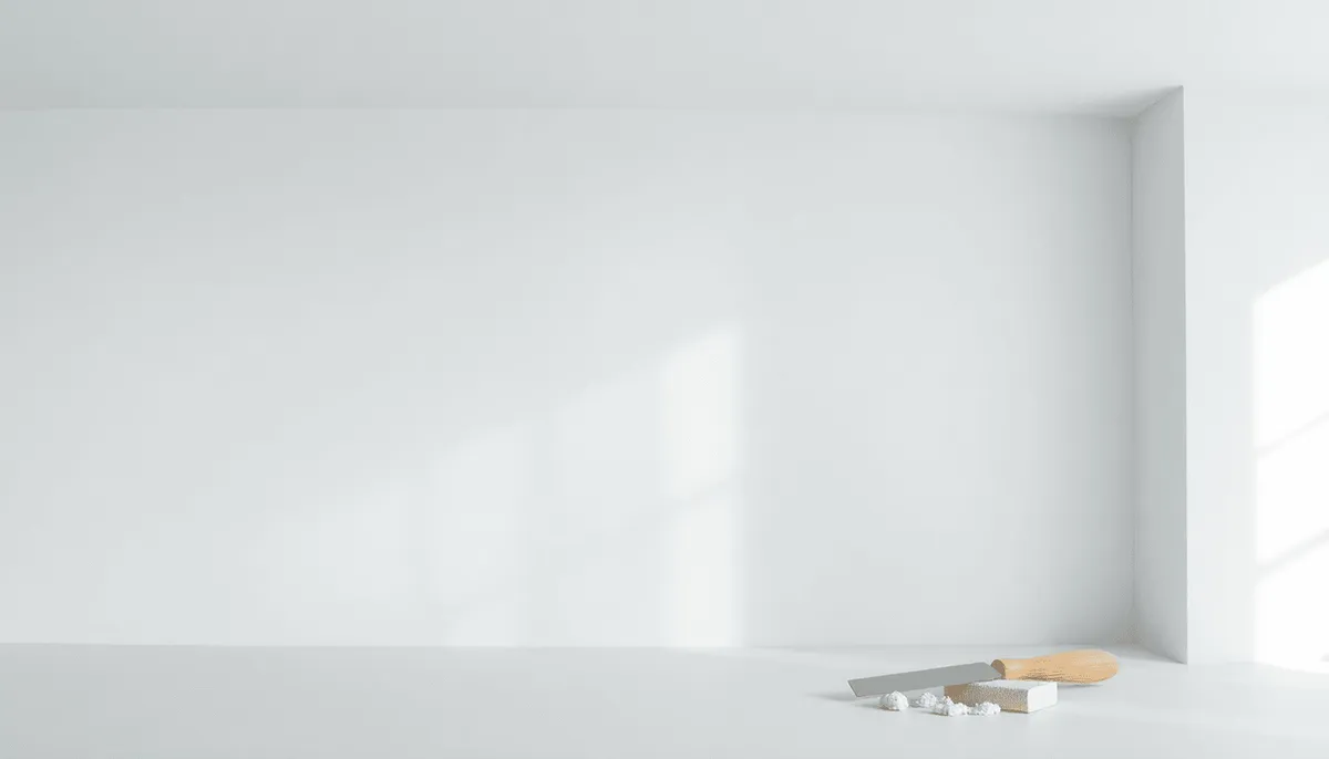 Chambre intérieure lumineuse présentant un plafond lisse, réparé avec des fissures décolorées 