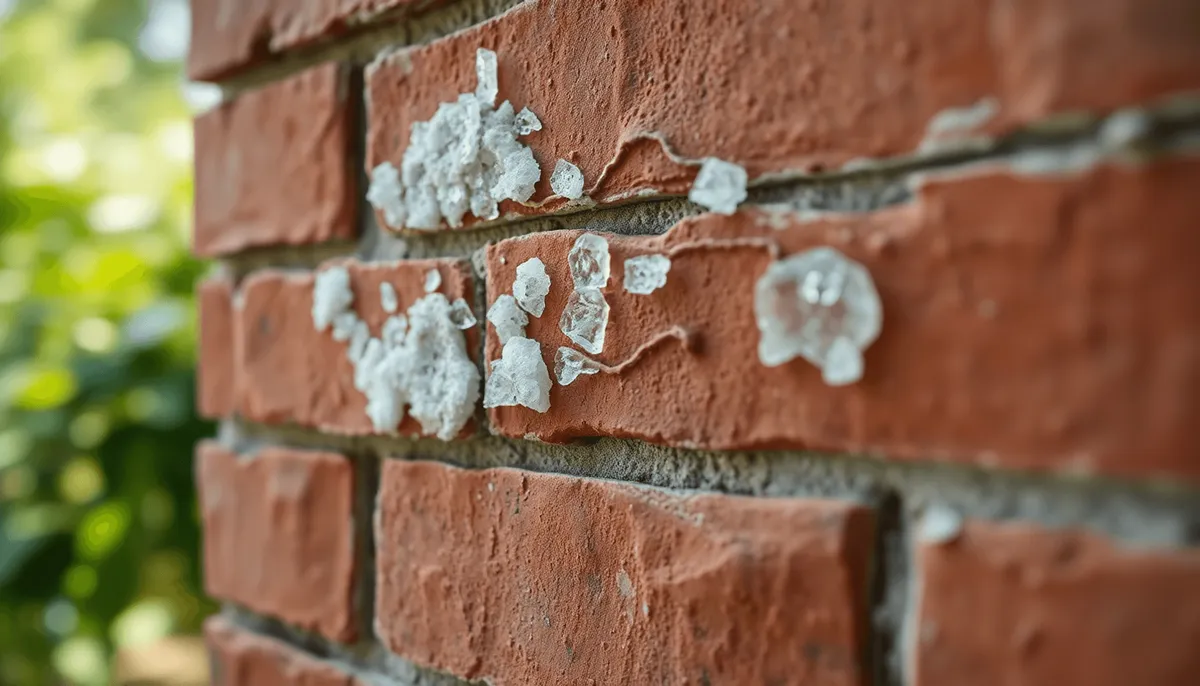  Mur en briques avec des dépôts de sel blancs et gris, dommages causés par l'humidité