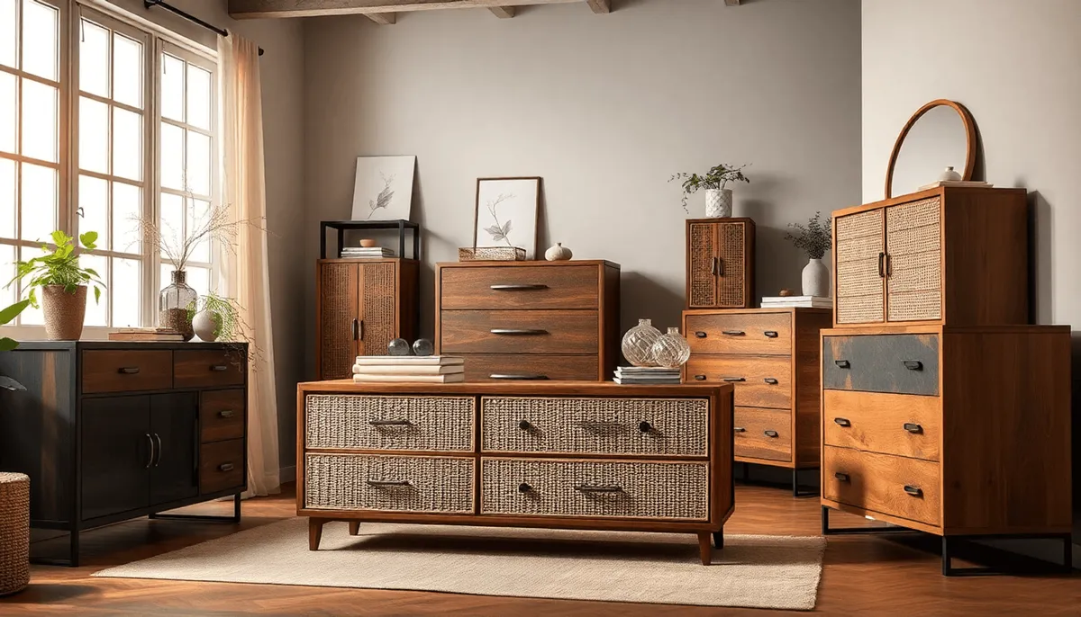 Intérieur moderne avec des commodes élégantes dans des styles scandinave, bohème et industriel.