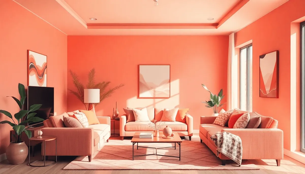 Salon cozy avec des murs corail, des accents doux en rose et orange, une lumière naturelle 