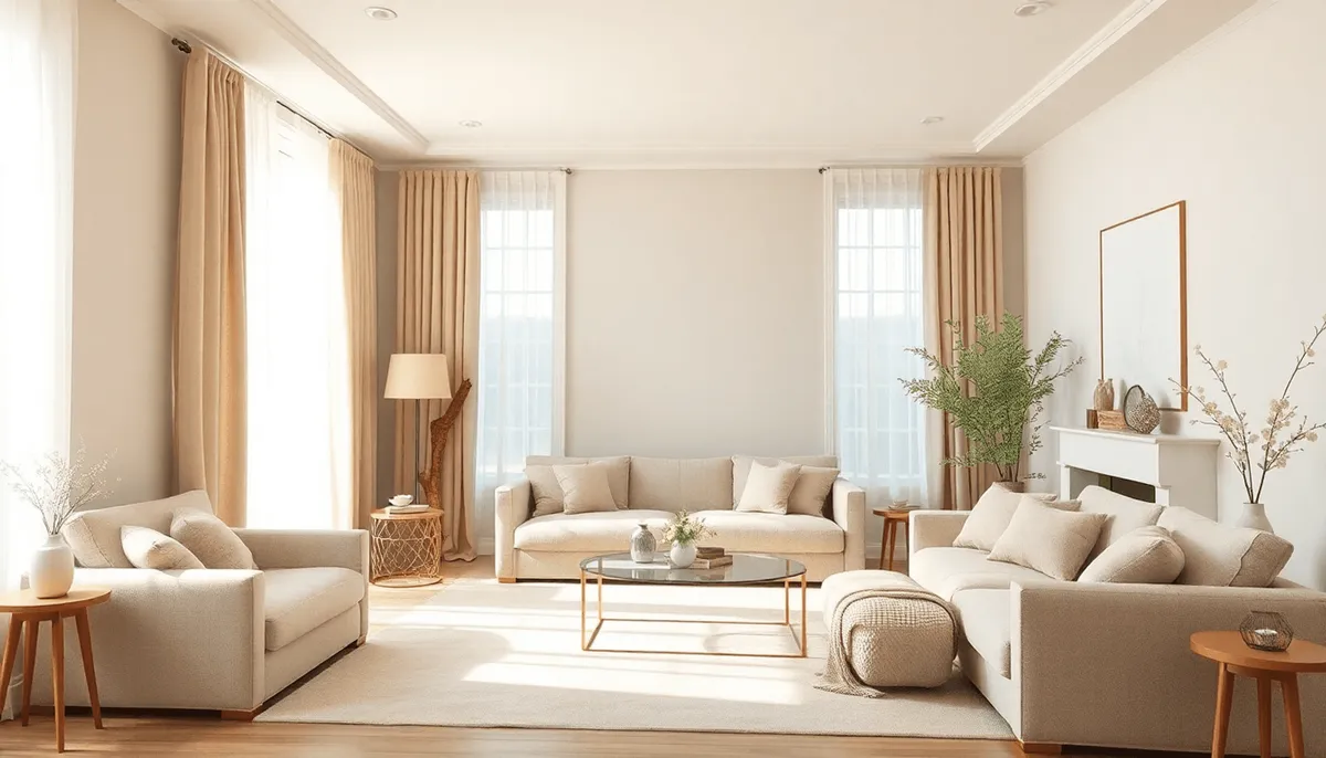 Salon confortable avec des murs de couleur lin, des meubles texturés, des accents en bois naturel