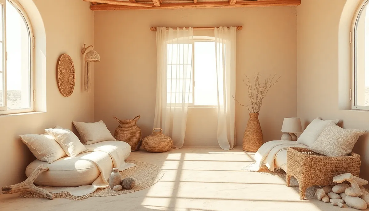Chambre confortable avec des murs beige sable, une douce lumière naturelle, des paniers en osier