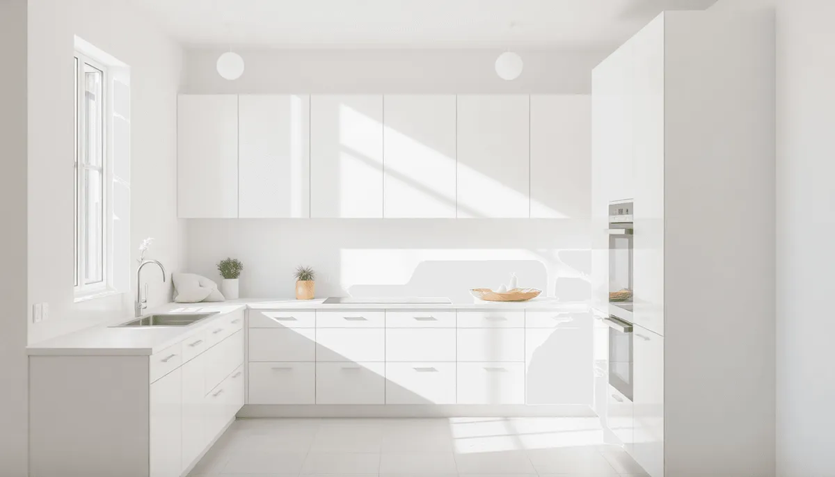 Cuisine moderne lumineuse avec des armoires blanches, des accents pastel et une lumière naturelle
