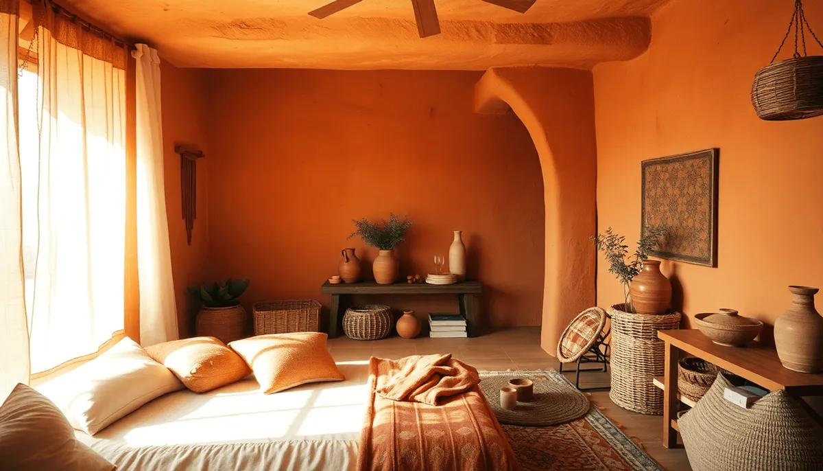 Chambre cosy avec des tons chauds de terre cuite, un éclairage doux, de la poterie en argile