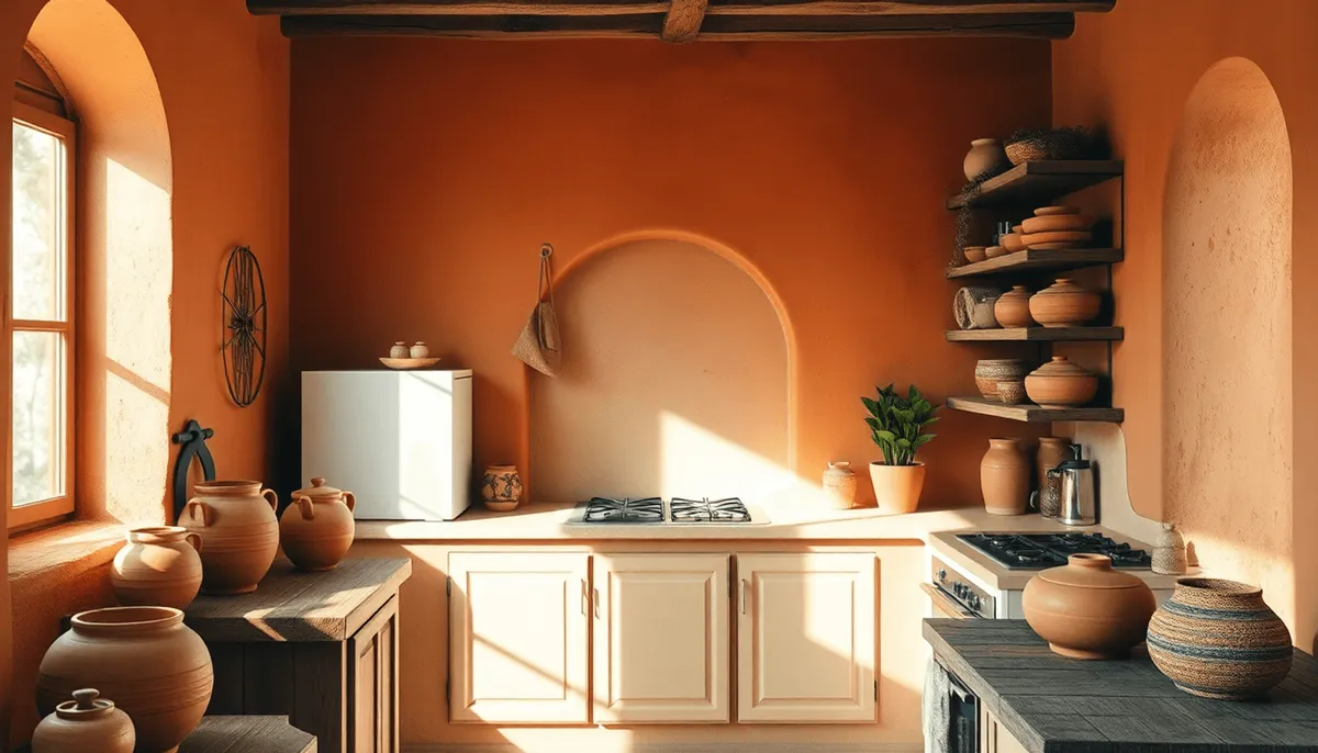 Cuisine chaleureuse avec des murs en terre cuite, de la poterie en argile rustique, des céramiques texturée