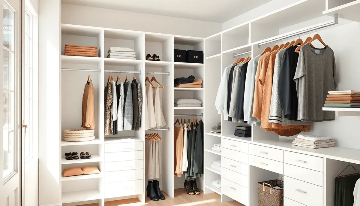 Coin de dressing moderne et lumineux avec des étagères modulaires élégantes et des barres de suspension