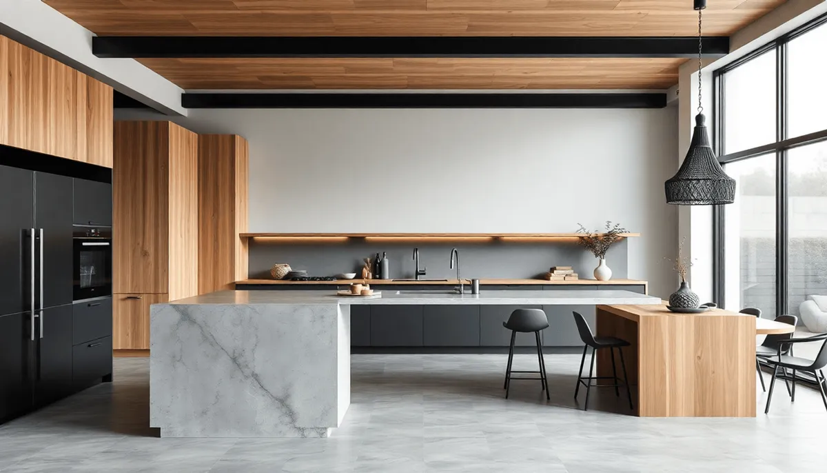 Cuisine moderne avec des surfaces en bois naturel, en béton et des accents en métal noir mat 