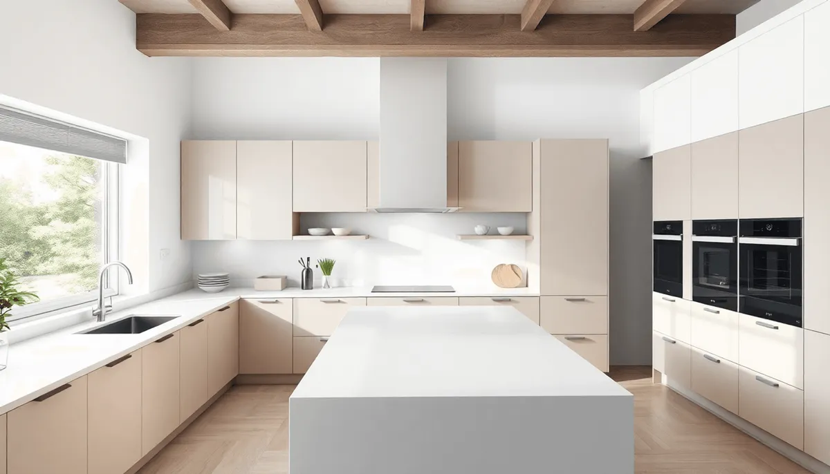 Cuisine moderne et lumineuse avec des meubles élégants, des plans de travail minimalistes 