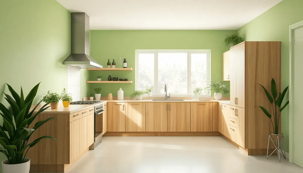 Cuisine moderne et lumineuse avec des armoires en bois naturel, des accents verts