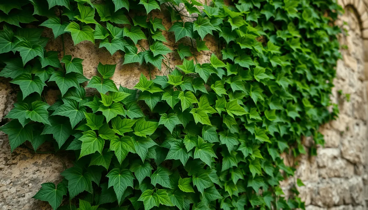 Gros plan de feuilles d'ivy vertes denses grimpant sur un vieux mur en pierre fissuré