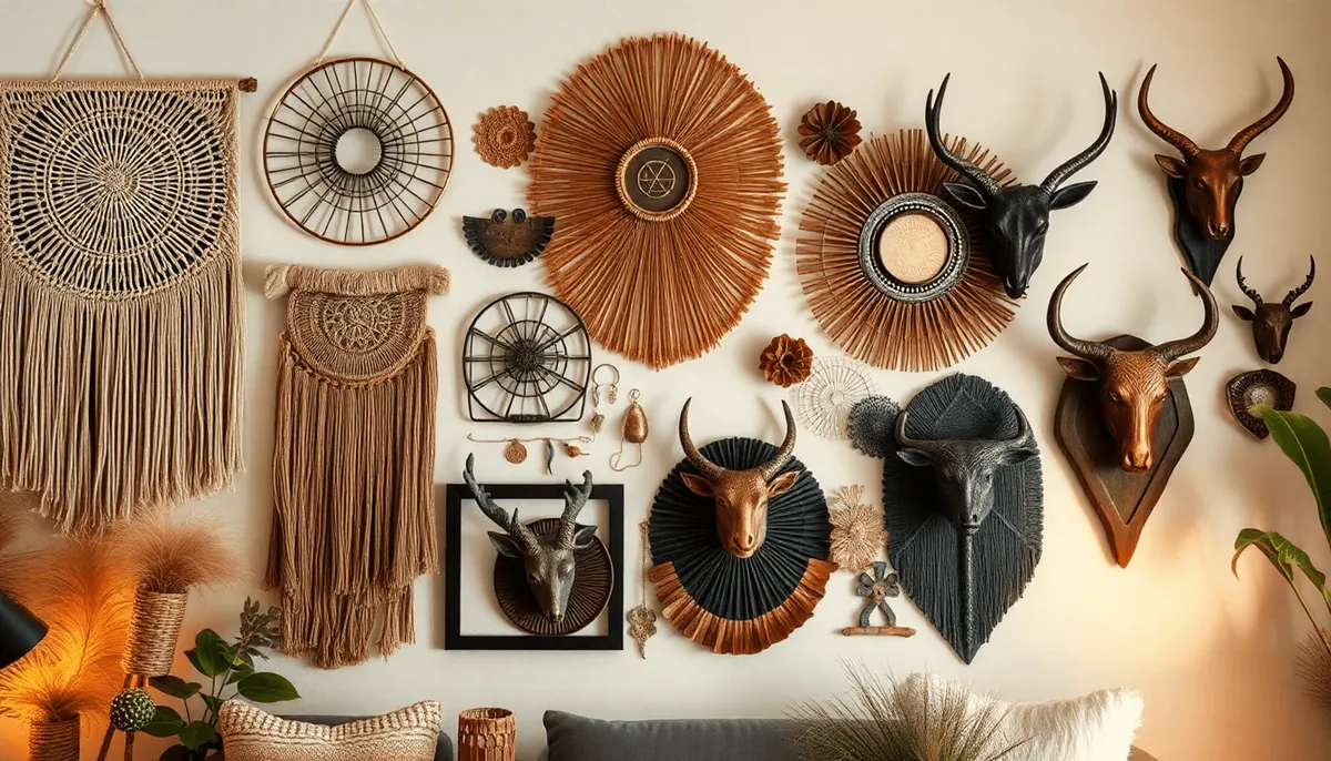 Mur intérieur cosy avec des tentures tissées bohèmes, de l'art  et des sculptures animales