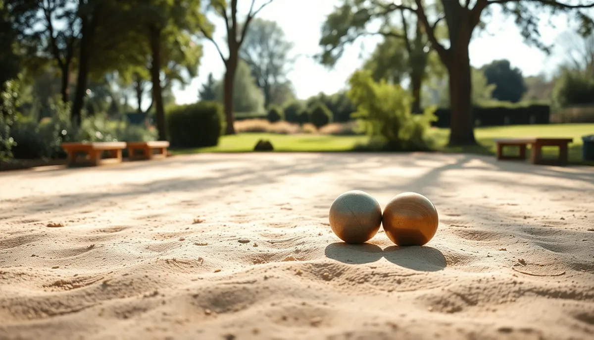 Un terrain de pétanque lisse et sablonneux baigné de lumière naturelle vive, bordé d'une douce verdure