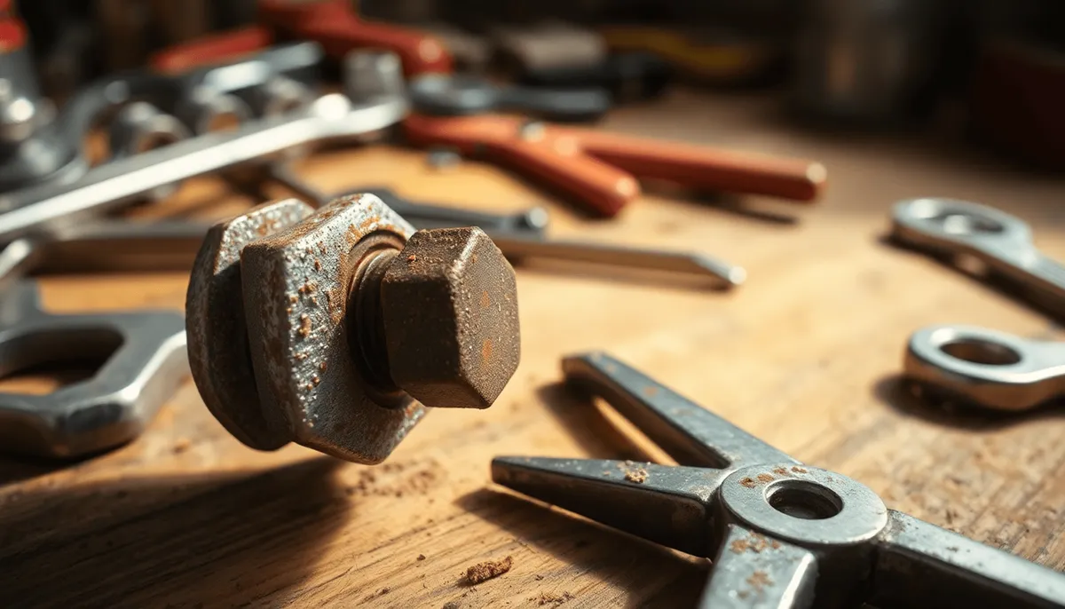 Gros plan sur un écrou rouillé serré sur un boulon avec des outils éparpillés sur un établi en bois