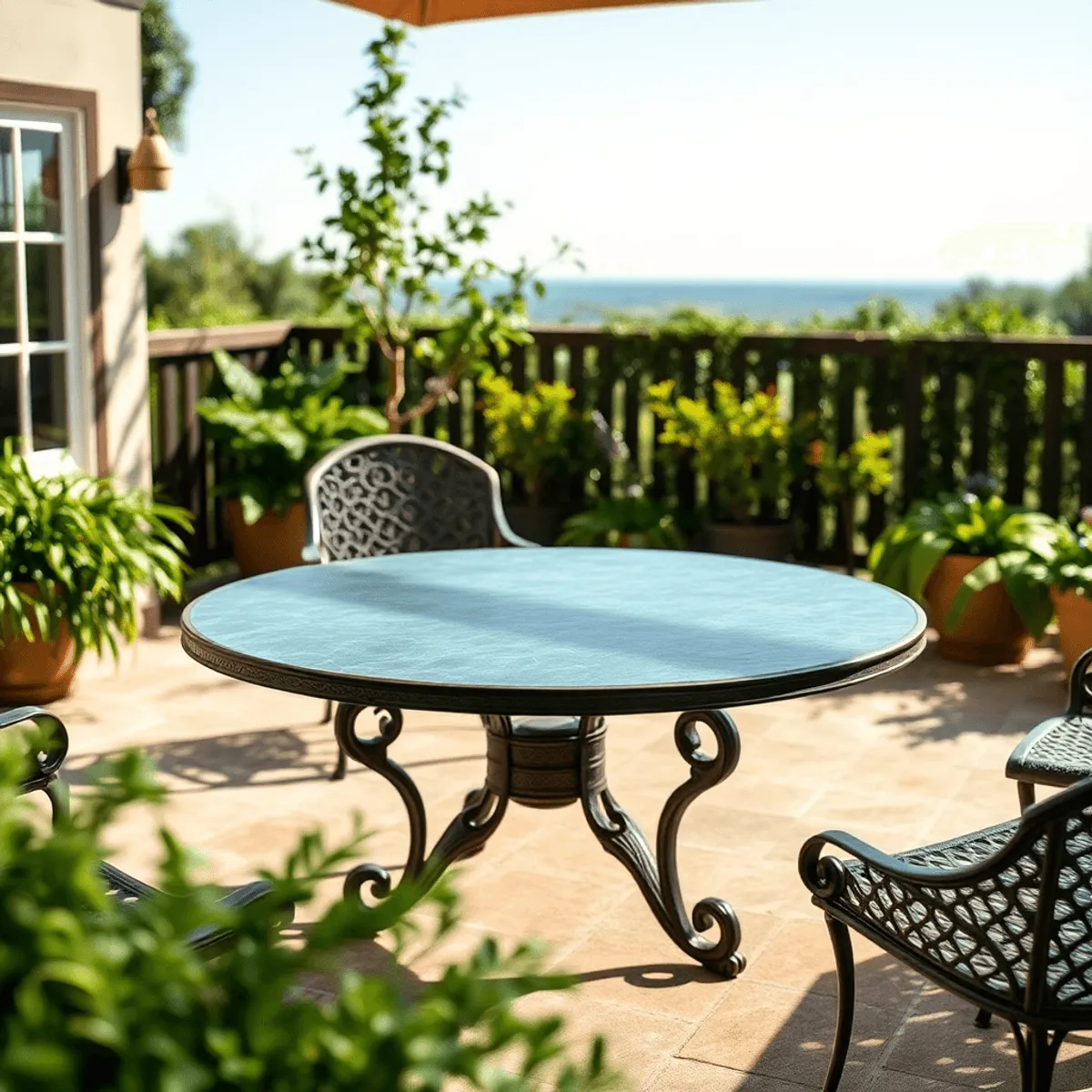 Terrasse extérieure avec une table en bronze affichant une patine verdâtre, entourée de plantes luxuriantes