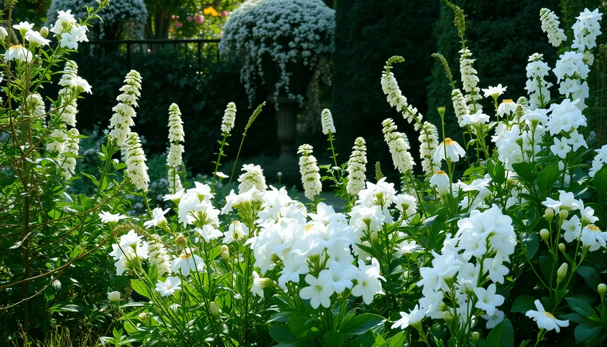 Un jardin paisible avec des plantes et des arbustes à fleurs blanches, entouré d'un feuillage vert