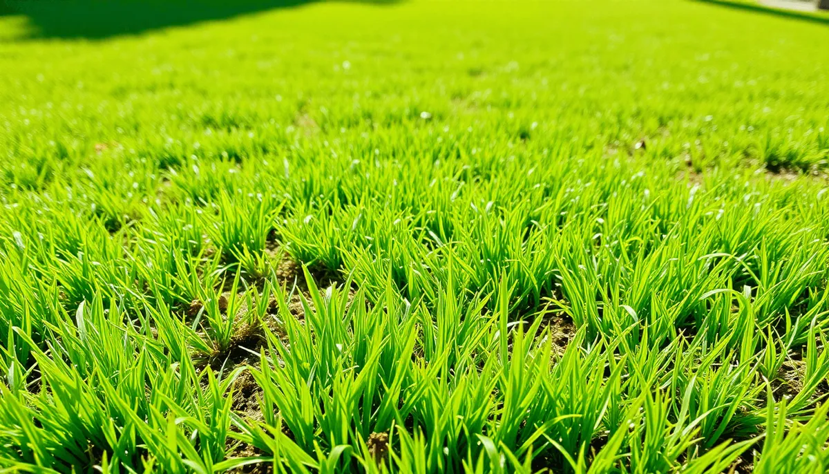 Une pelouse verdoyante avec de l'herbe inégale et des zones de terre nue, baignée de lumière naturelle..