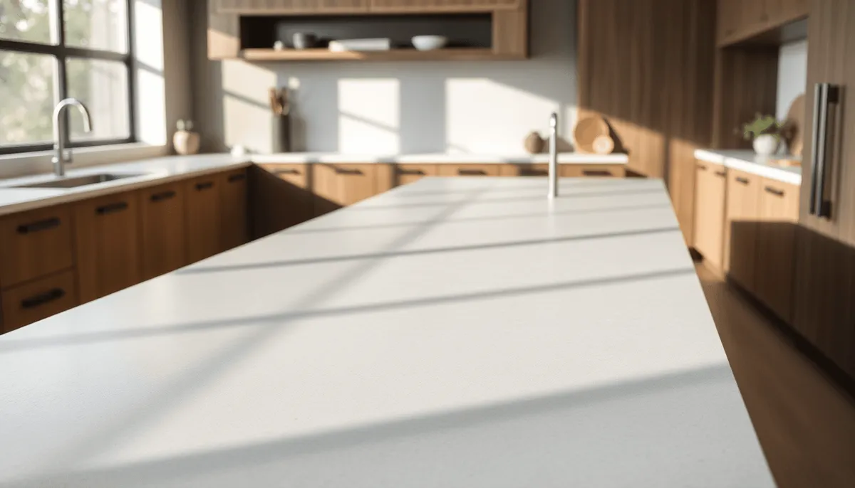 Plan de travail de cuisine moderne en béton lisse et poli avec une surface mate sans joint