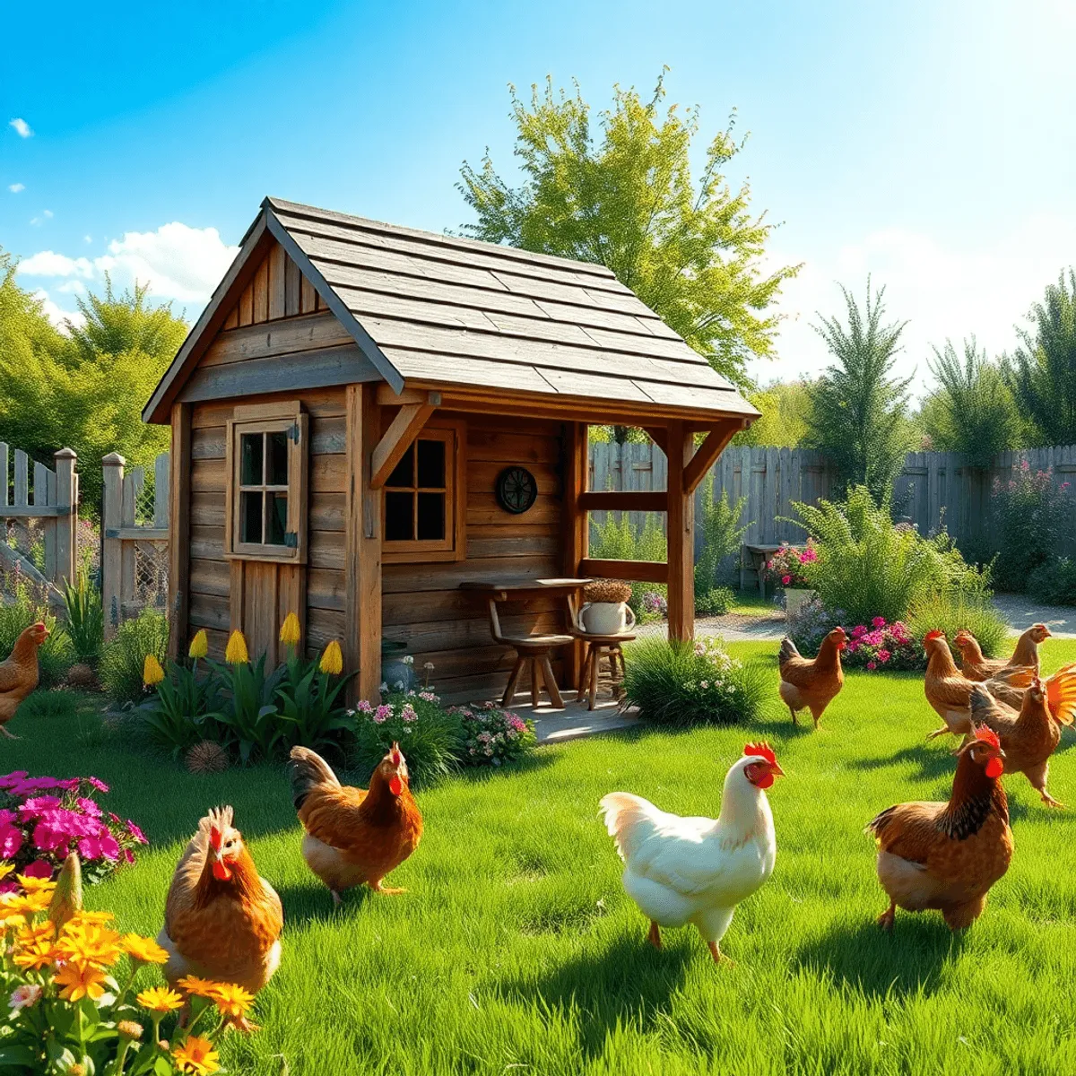 Un poulailler en bois dans un jardin luxuriant avec des fleurs colorées, de l'herbe verte et des poules