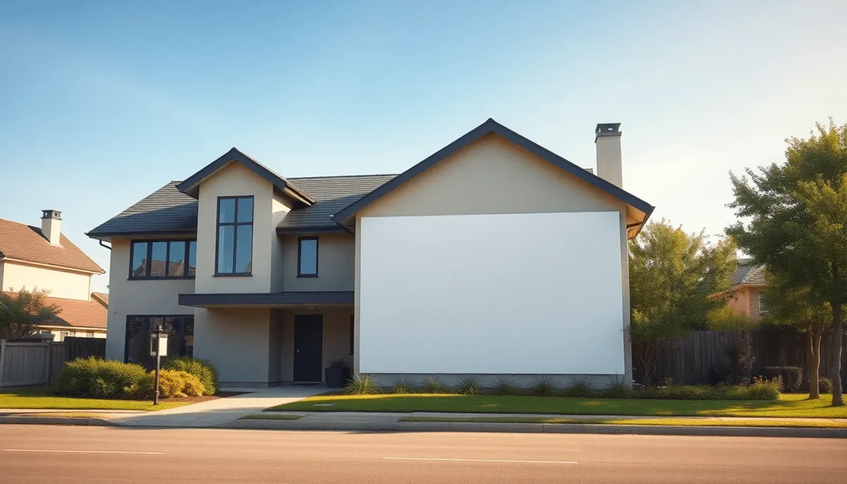 Maison moderne de banlieue avec un grand mur blanc face à une rue calme