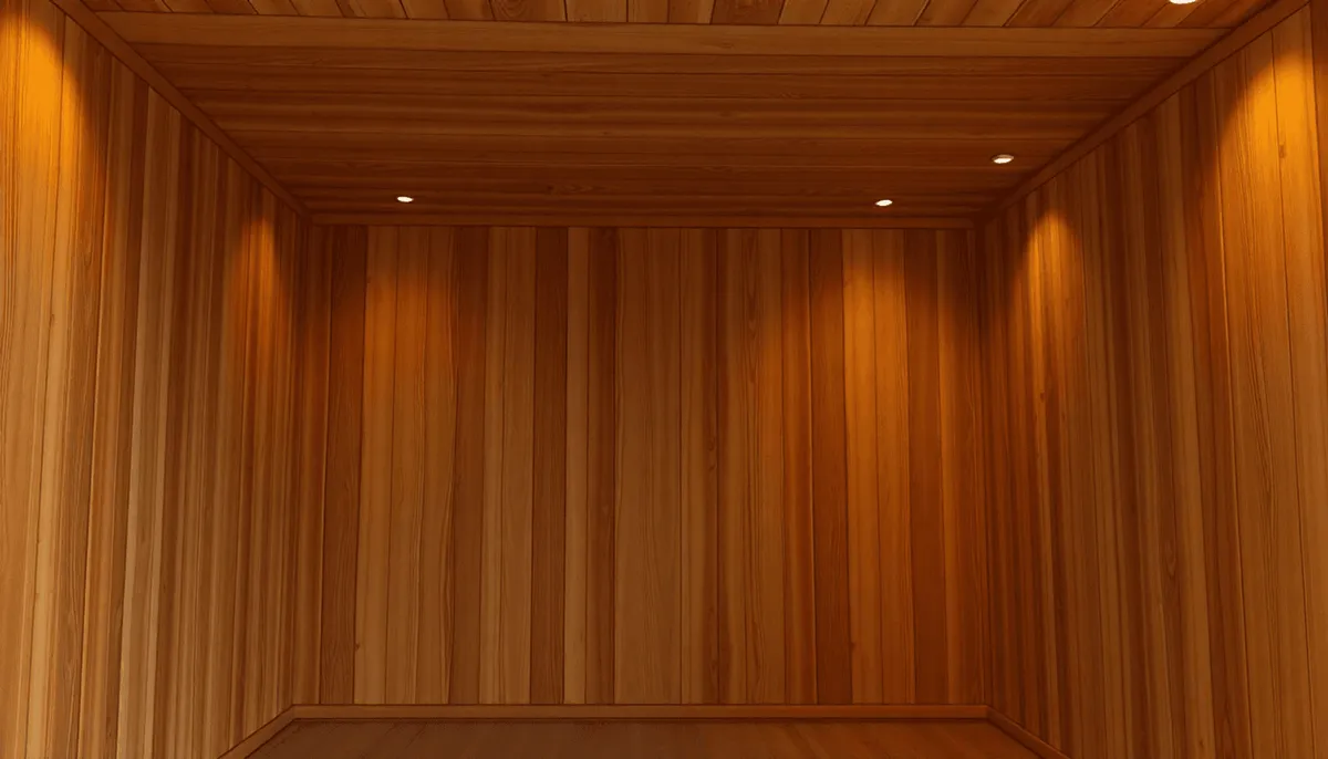 Chambre confortable avec des panneaux en bois naturel, un éclairage doux et chaleureux