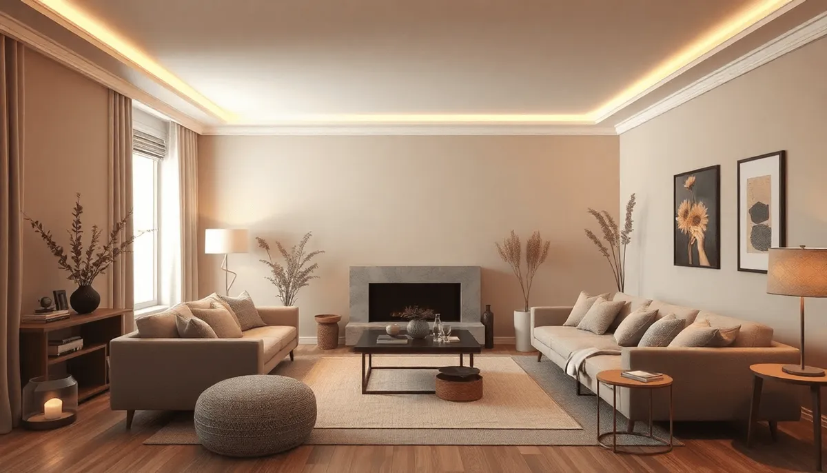 Chambre élégante et confortable avec des murs taupe, des accents en bois, des textiles neutres 