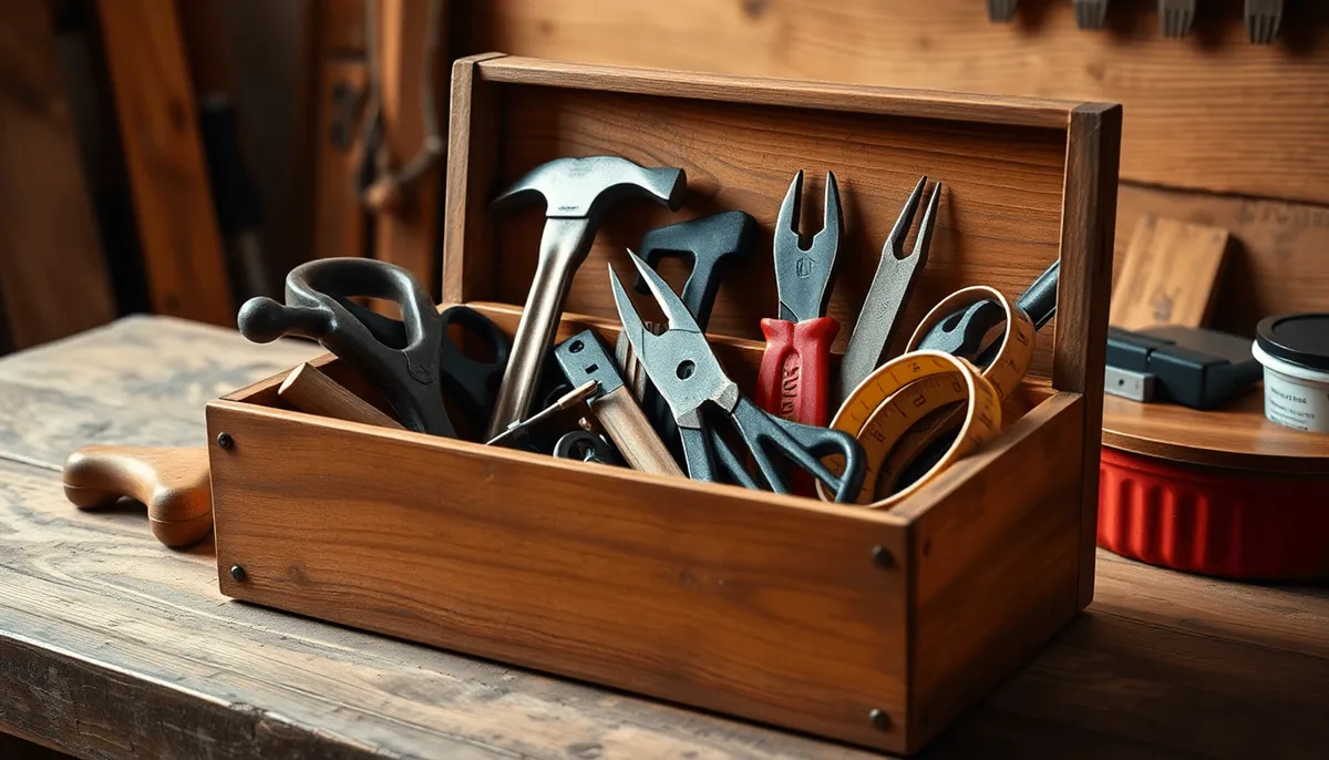 Boîte à outils en bois avec un marteau, un tournevis, des pinces et un mètre ruban sur un établi 