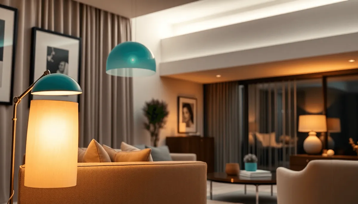 Salon moderne avec des meubles élégants, lampe bleu diffusant une lumière chaleureuse 