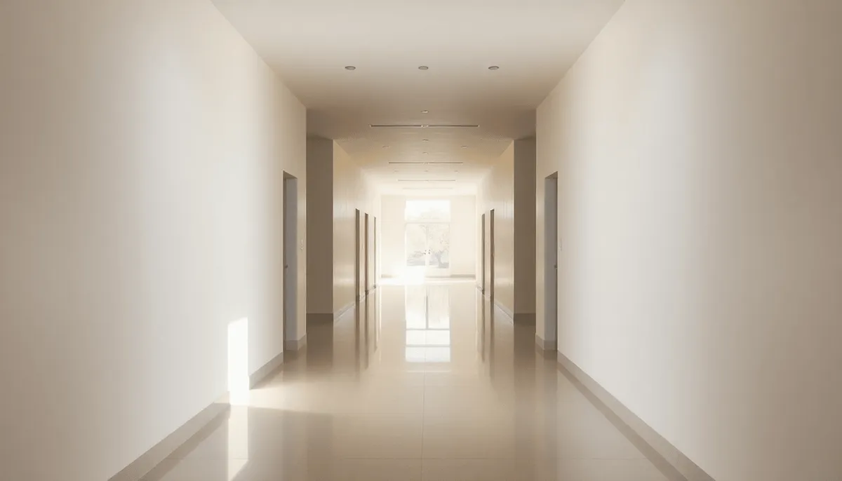 Couloir moderne et lumineux avec des murs lisses, un sol poli et une douce lumière naturelle 