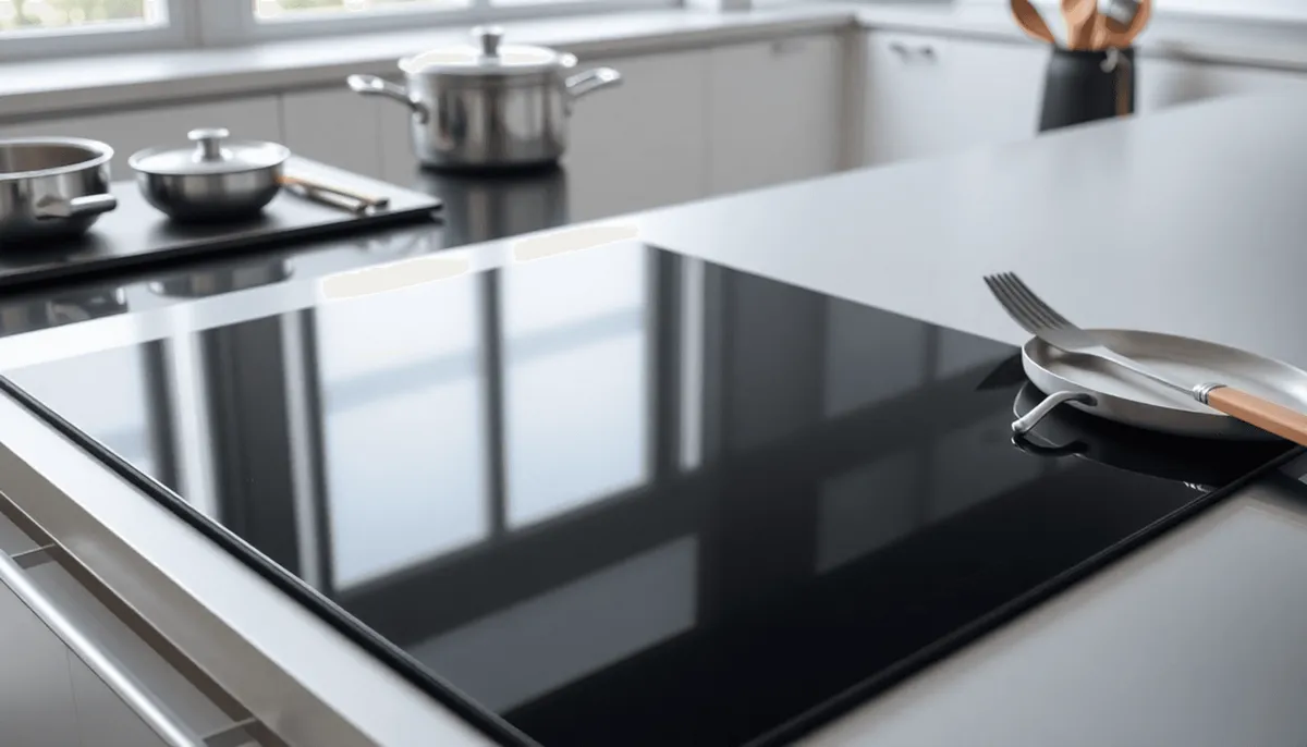 Cuisine moderne avec une plaque de cuisson à induction noire brillante, des ustensiles 