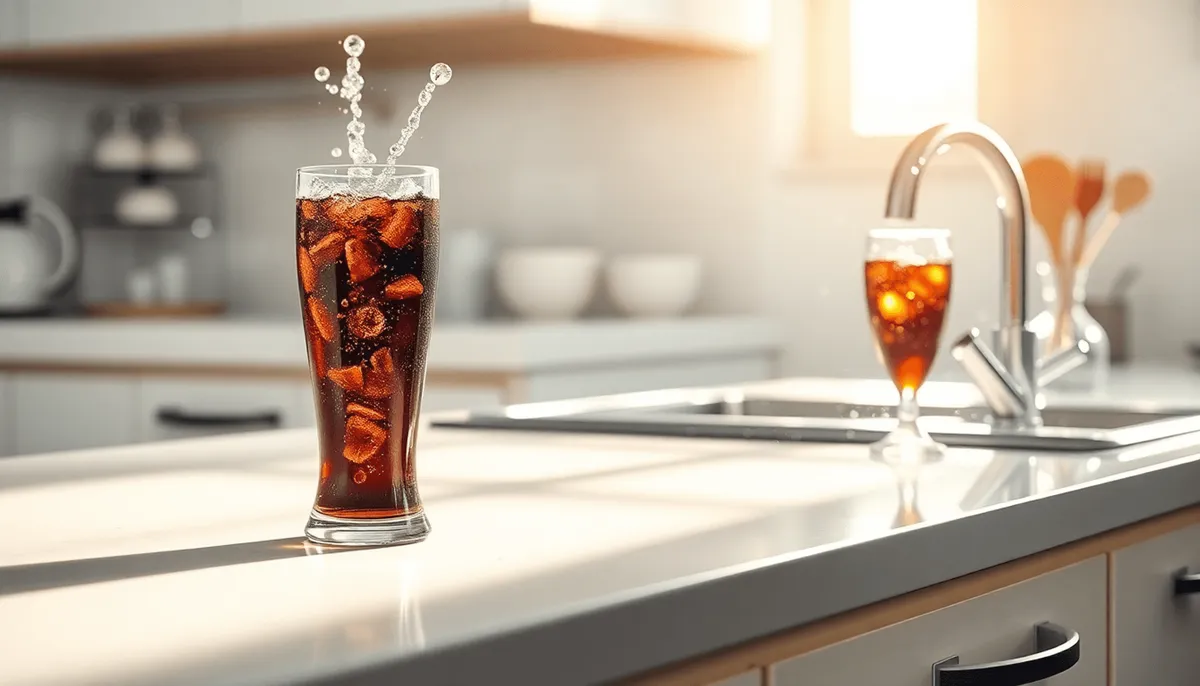 Cuisine lumineuse avec un évier étincelant, des ustensiles brillants, un verre de cola pétillant 