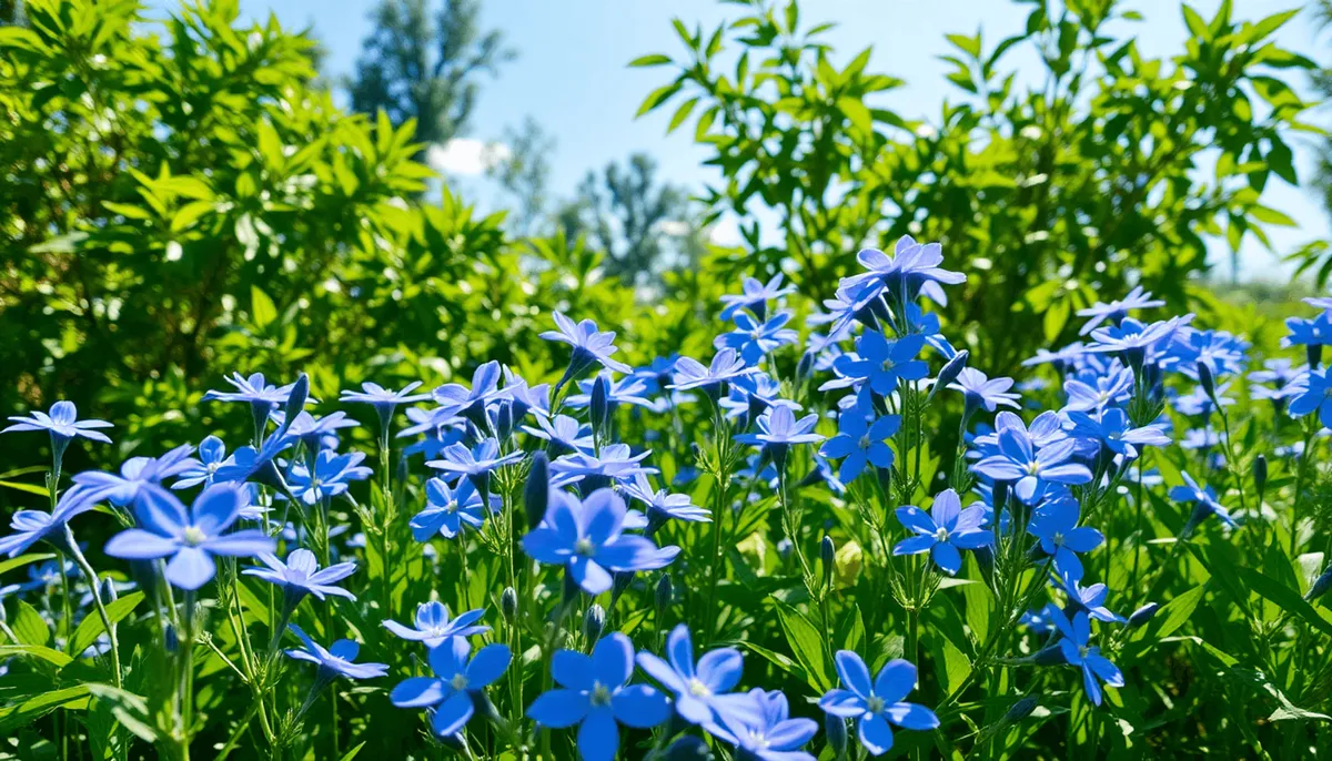 Un jardin paisible avec des fleurs bleues vibrantes et des feuilles vertes luxuriantes 