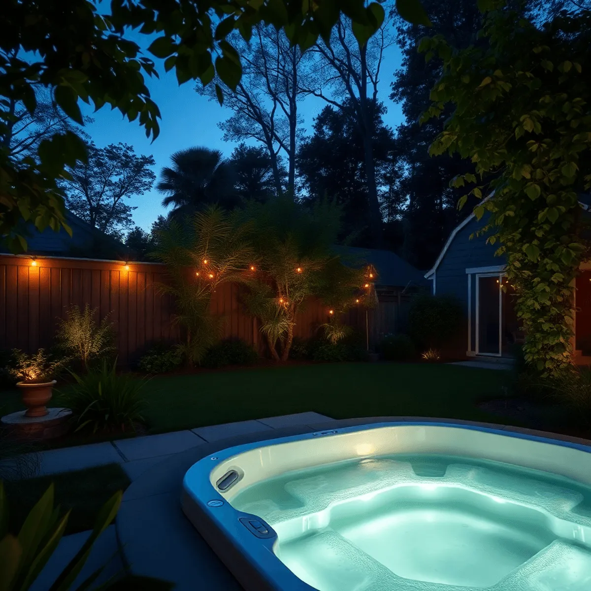 Un spa extérieur moderne dans une cour arrière verdoyante avec un éclairage ambiant doux au crépuscule