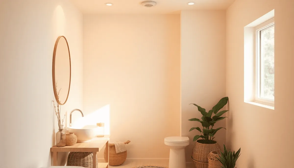Salle de bain cosy avec des murs en lumière chaude, des accents en bois, des plantes.