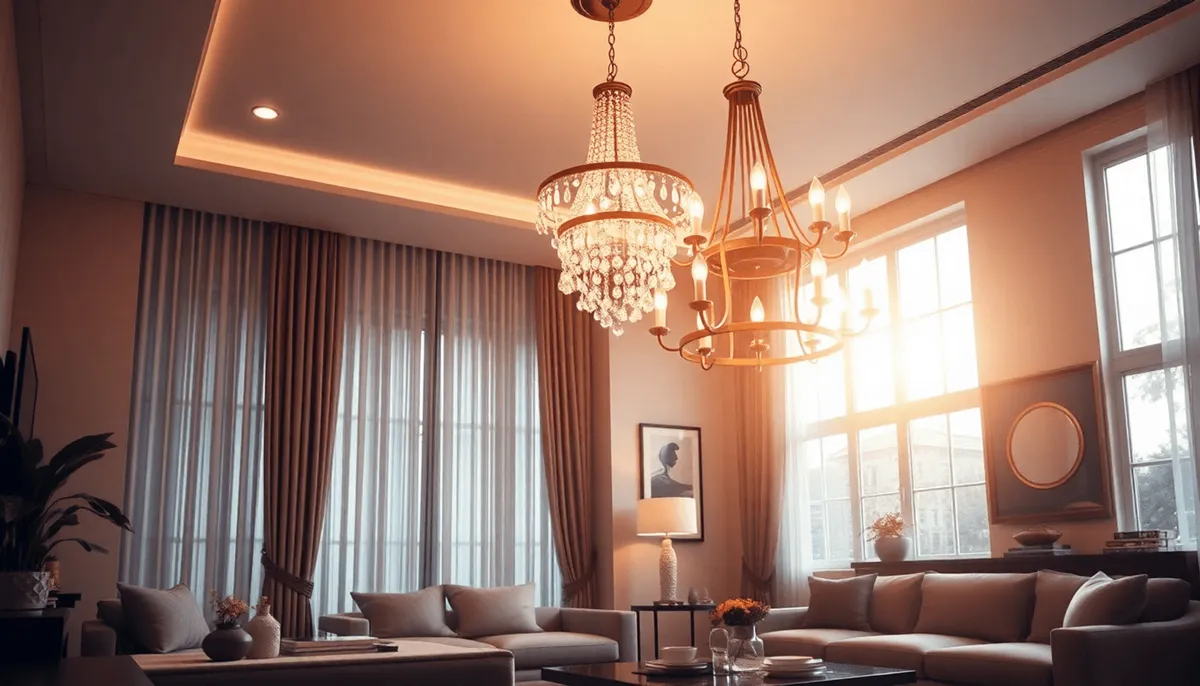 Salon élégant avec un lustre moderne diffusant une lumière chaleureuse sur des meubles 