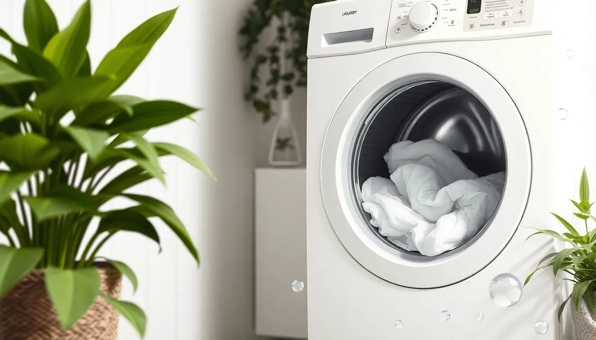 Buanderie lumineuse avec une machine à laver remplie de vêtements blancs